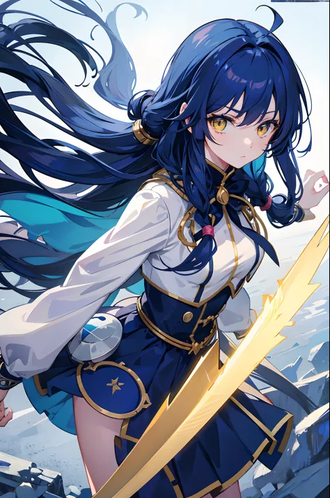 Anime, 1girl, solo, girl with ice sword, long hair, unusual hairstyles, dark blue hair, yellow eyes. Knight Uniform.