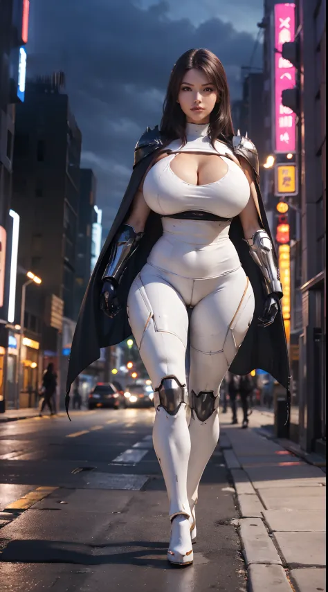 1GIRL, SOLO, (ssmile, makeup, beautifull eyes, red libs), (HUGE FAKE BOOBS:1.3), (GUARD ARM), (black, white, FUTURISTIC MECHA ARMORED, ROYAL CAPE, CLEAVAGE, SKINTIGHT YOGA PANTS, HIGH HEELS:1.4), (NSFW MUSCULAR BODY, SEXY LONG LEGS, FULL BODY:1.3), (LOOKIN...