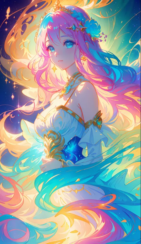 beautiful girl, puffy tiered ballgown, vibrant pastel colors, (colorful), glowing golden long hair, magical lights, sparkling magical liquid, inspired by Glen Keane, inspired by Lois van Baarle, disney art style, by Lois van Baarle, glowing aura around her...