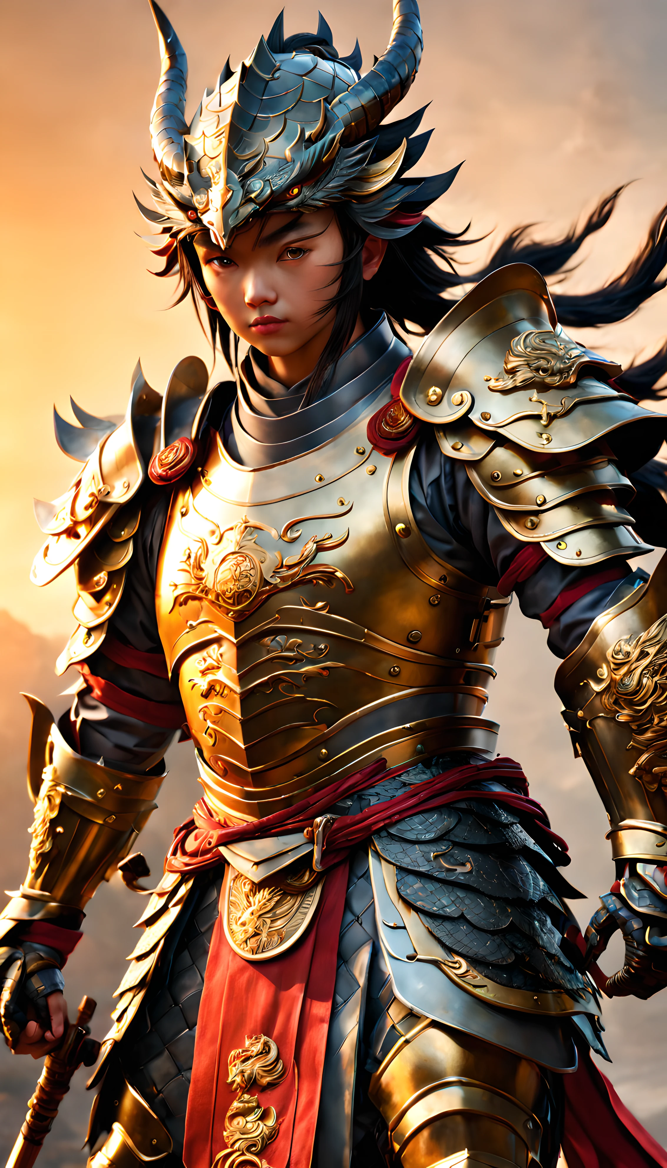 The Chinese warrior wore a magnificent suit of armor, 1boy, from below, an intricate chinese dragon coiled around the warrior's body, standing tall and proud, radiating strength and power, dragon's scales shimmered in the sunlight as they prepared to face any challenge that lay ahead. holding spear, small breasts, athletic, high contrast, vibrant color, sunset, golden light, full armor, highly detailed eyes, 3d style, majestic, fantasy art, highly detailed dragon eyes, embedding:SimplepositiveXLv1, 

hyper detailed, ultra realistic, sharp focus, octane render, trending on CGSociety,