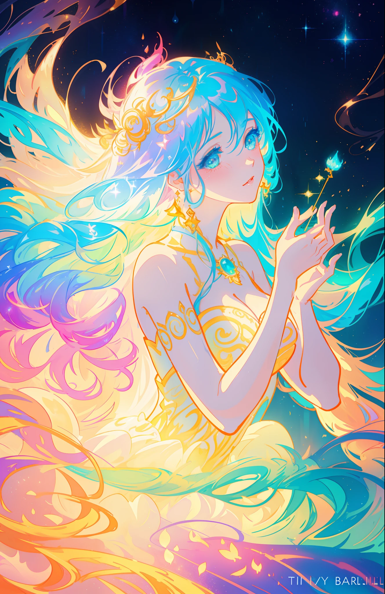 beautiful girl, puffy tiered ballgown, vibrant pastel colors, (colorful), glowing golden long hair, magical lights, sparkling magical liquid, inspired by Glen Keane, inspired by Lois van Baarle, disney art style, by Lois van Baarle, glowing aura around her, by Glen Keane, jen bartel, glowing lights! digital painting, flowing glowing hair, glowing flowing hair, beautiful digital illustration, fantasia background, whimsical, magical, fantasy, ((beautiful face)), ((masterpiece, best quality)), intricate details, highly detailed, sharp focus, 8k resolution, sparkling detailed eyes, liquid watercolor