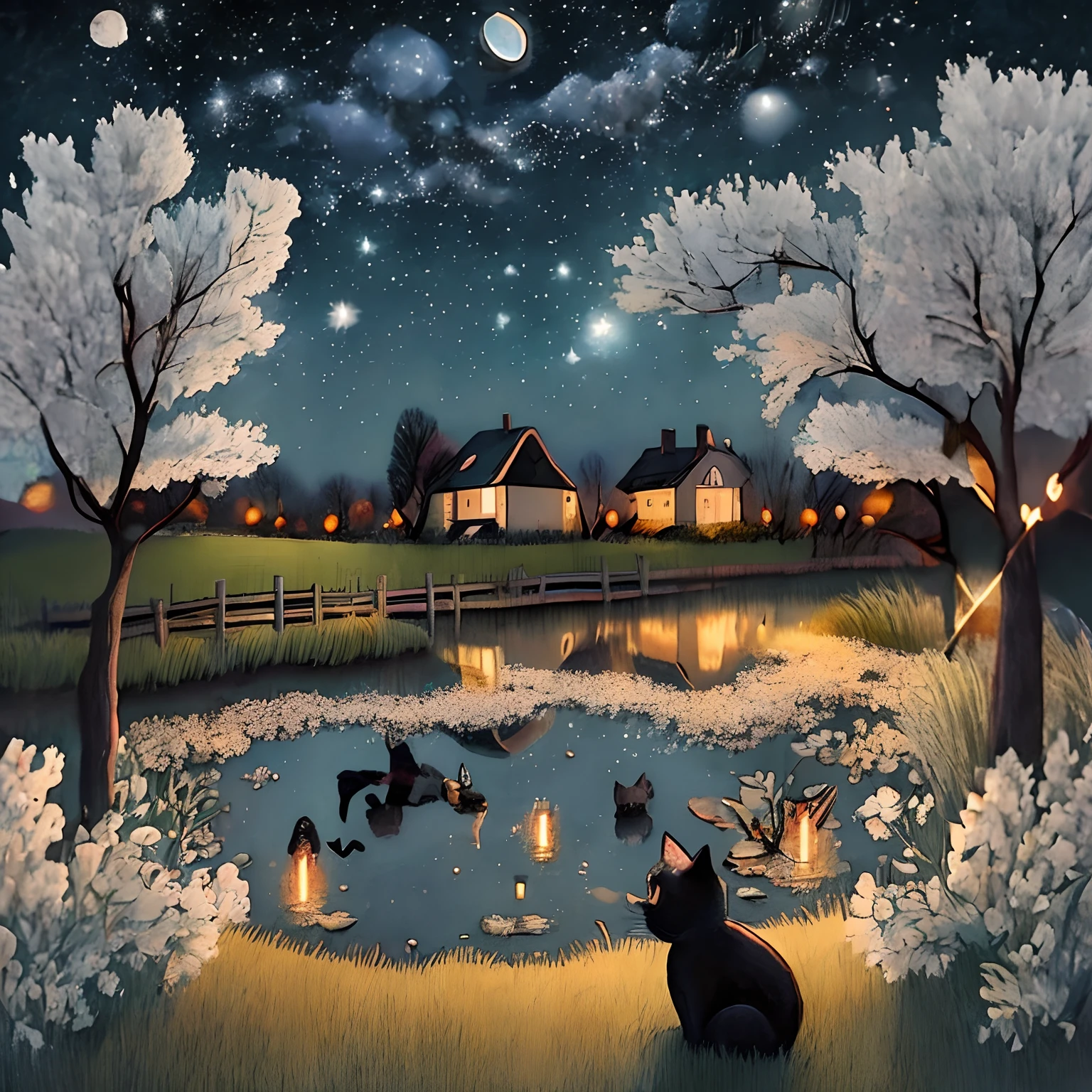 黑貓，彈奏貝斯，限小號，夜空，溫暖，可愛的，有星星