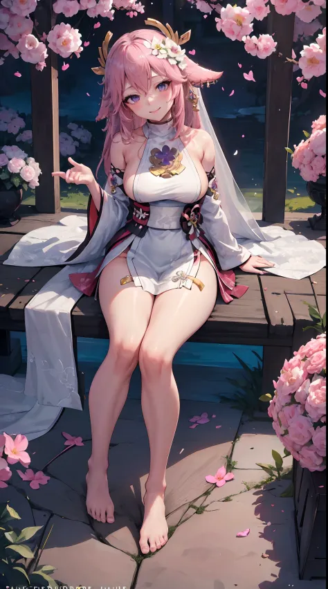 Yae Miko| genshin impact, master-piece, bestquality, 1girls,25 years old, proportional body, proportional., Wedding Dresses, White Wedding Dress, Long skirt, wedding, ,bara, Standing in the middle of a flower garden, outdoor, wedding, The sky is beautiful,...