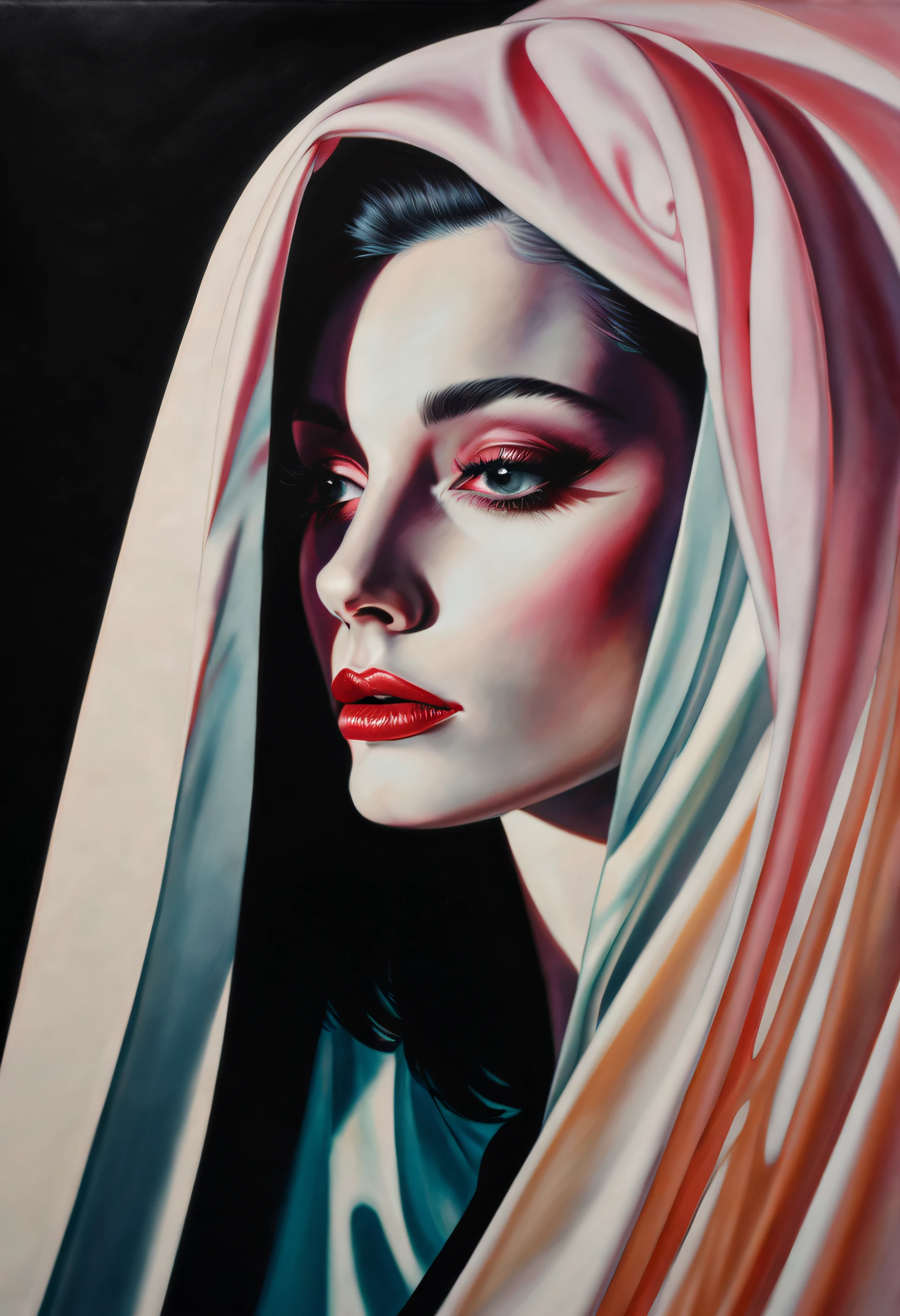 chiaroscuro technique on sensual illustration of an elegant 1980s woman, vintage beauty, eerie, the model draped in flowing, thick oil painting, by Hannah Dale, by Harumi Hironaka, extremely soft colors, vibrant, highly detailed, malcolm liepke painting, oil on canvas,  high contrast, dramatic, refined, tonal, Create high contrast between light and shadow