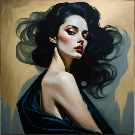 chiaroscuro technique on sensual illustration of an elegant 1980s woman, vintage beauty, eerie, the model draped in flowing, thi...