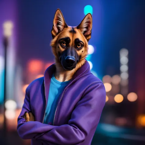 A German Shepherd Wearing a Purple Jacket, a Blue Shirt and Red Long Pants Looking at the Viewer with Crossed Arms Ultra Realist...