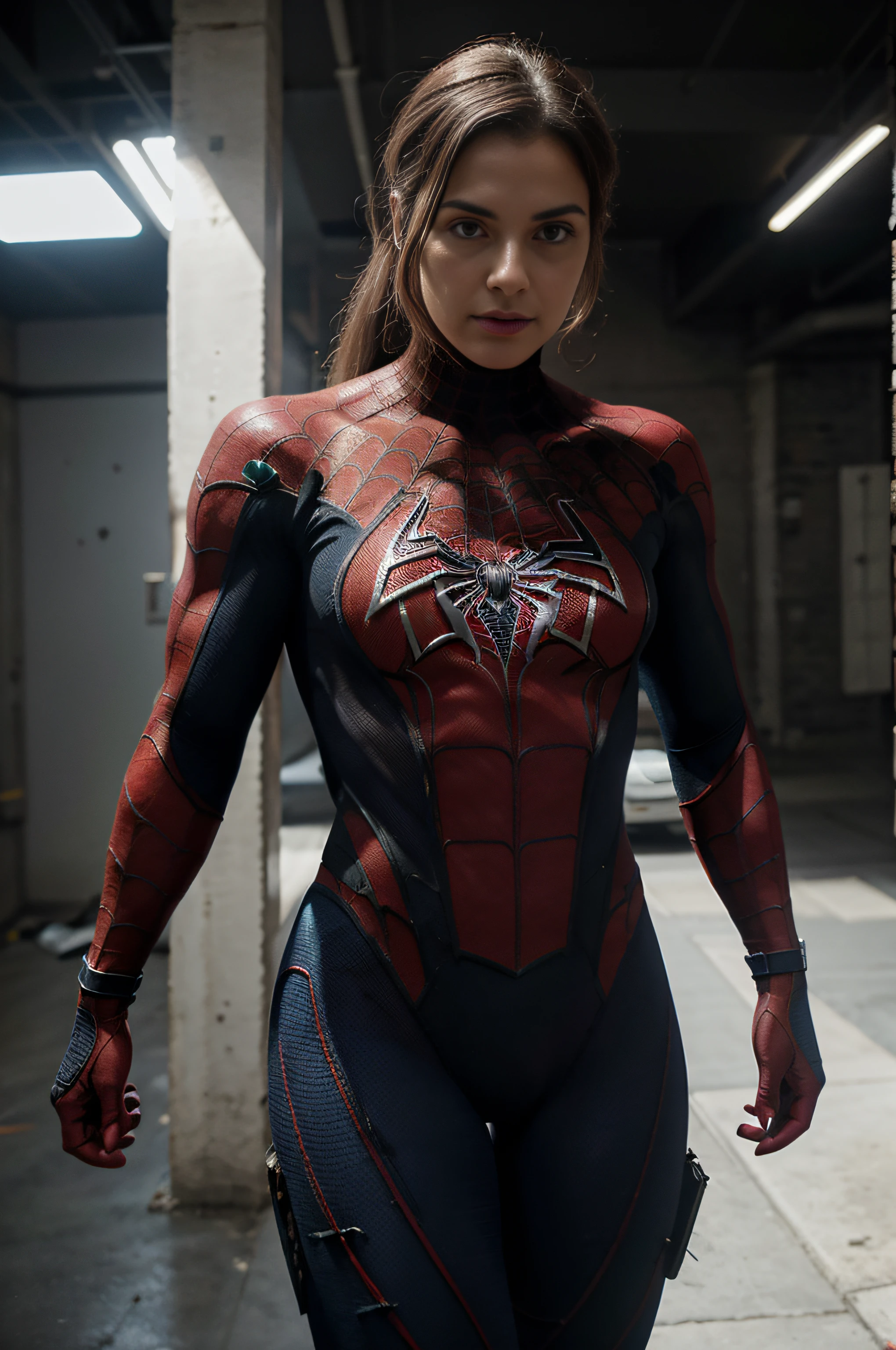 A woman in a spider - man suit standing in a garage - SeaArt AI