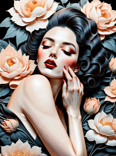 chiaroscuro technique on sensual illustration of an elegant , retro and vintage ,silky flower around body, matte painting, by Ha...