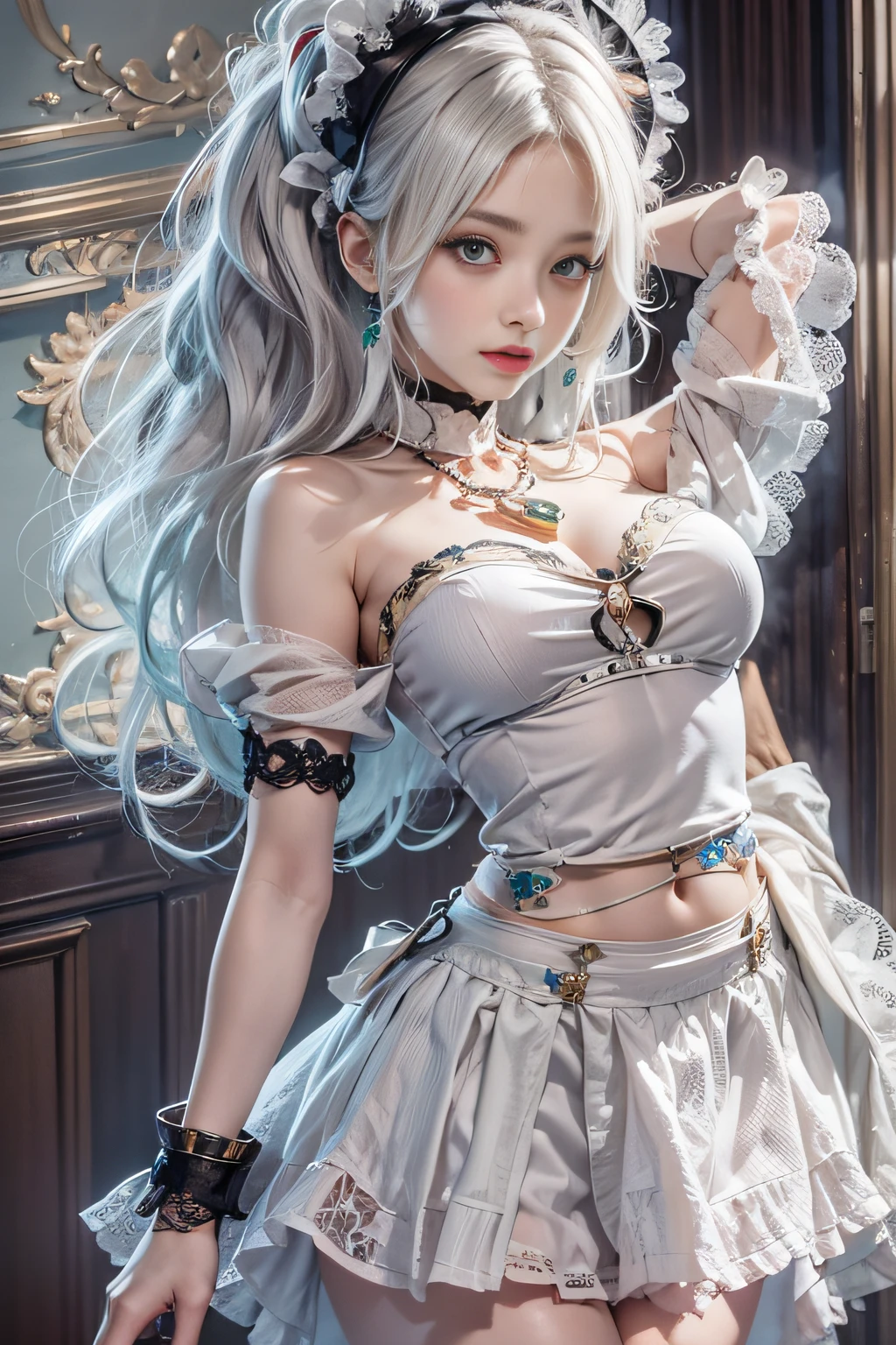 Photorealistic, High resolution, 1womanl, Solo, hips up high, view the viewer, (Detailed face), White hair, Long hair, maid clothes, Jewelry、）（off shoulders）、（((Raise the skirt to the chest))）、）（up skirt）（（Black lace panties visible））