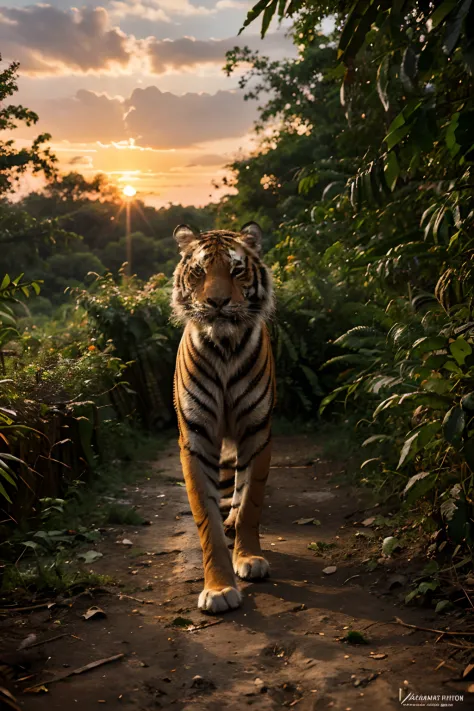 siberian tiger, realistic photography, jungle, sunset, vibrant, energetic, full body shot
