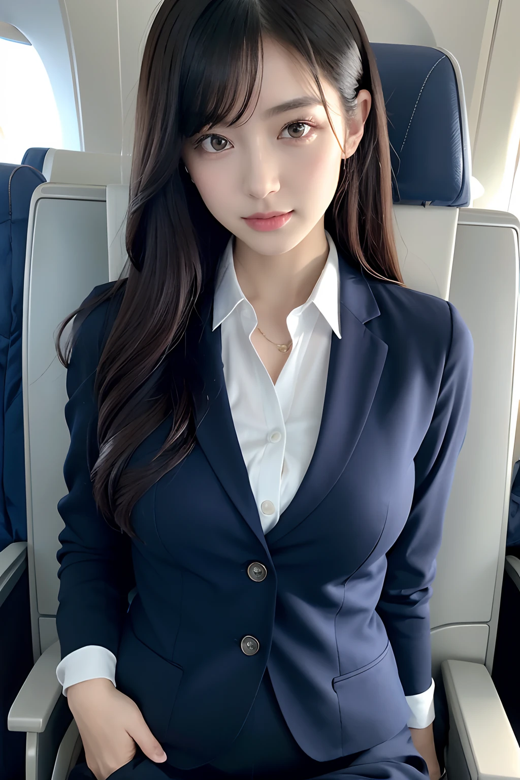 top-quality, ​masterpiece, 8K, 超A high resolution, (Photorealsitic:1.4), 1girl in、beautiful countenance、symmetrical eye、Colossal 、Perfect body proportion、Stewardess uniform、Unbutton the chest、Look at viewers、(Inside the plane:1.2)、front-facing view、Shoulder、long legged(1.3)、