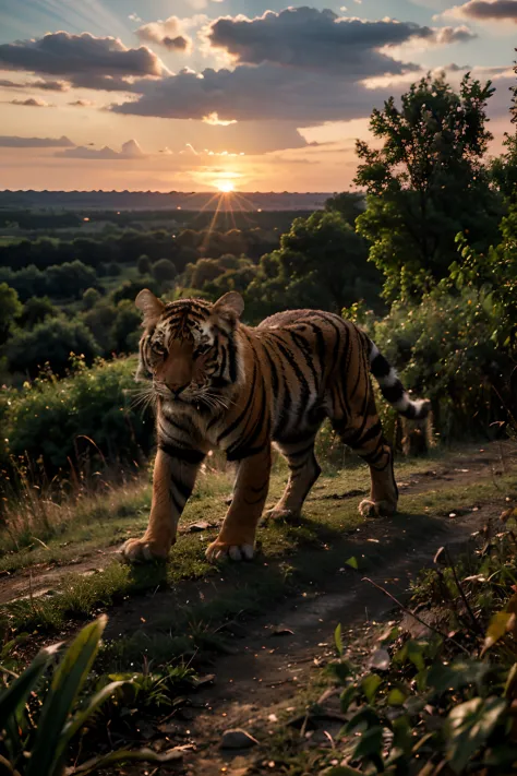 Tigre-siberiano, Realistic photography, selva, Sunset, vibrante, Energetic,