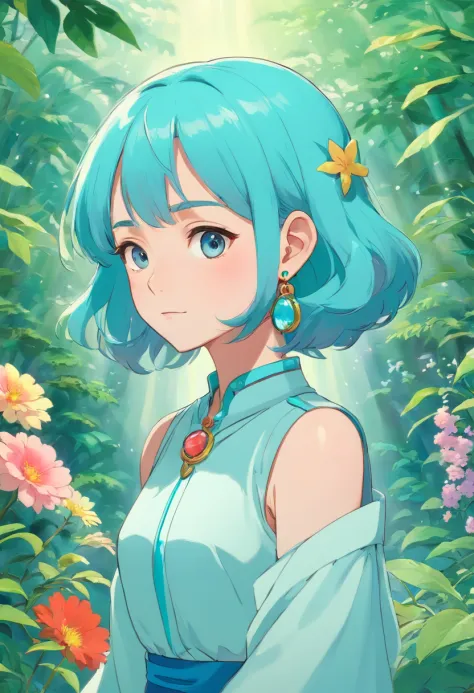 a girl wearing an anime collar, a long necklace and earrings, in the style of tranquil gardenscapes, colorful animation stills, masami teraoka, aquamarine, paul gauguin, Embry style, honest portrayal