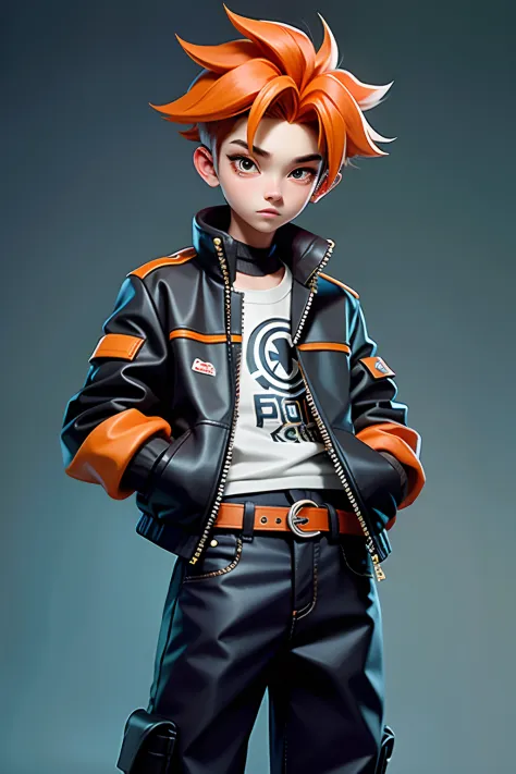 Kpop 16yr old boy, model, cool jacket, orange hair, long black pants with belt, inside walmart