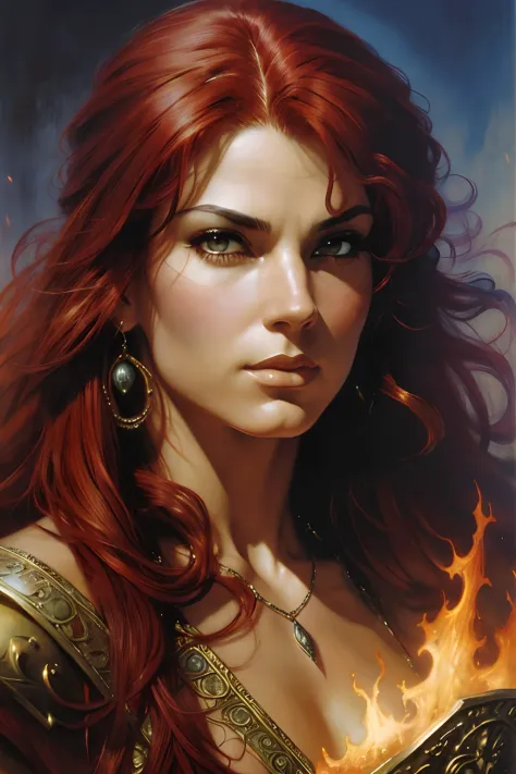 ((realistic:1.5)),((best quality)), ((masterpiece)),((detailed))a powerful sorcerous, red hair, stern, by Frank Frazetta, by Lui...