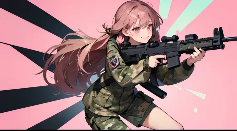 (Best Quality,4K,High resolution), Girl in shorts camouflage suit holding gun、An 18-year-old woman、Smile refreshingly、Long twin-tailed hair with pink highlights on brown hair、kawaii eyes、Pink eyes、long lashes、Comical and lively background、Gag cartoon-like、...