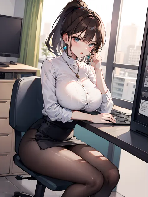 In office, computer, desk, high resolution, 8k, masterpiece, best quality, 1girl, brown hair, short curl hair, ponytail, mature female, OL outfit, office lady outfit, business girl outfit, pantyhoses, nameplate, earrings, necklace, breasts on table, breast...