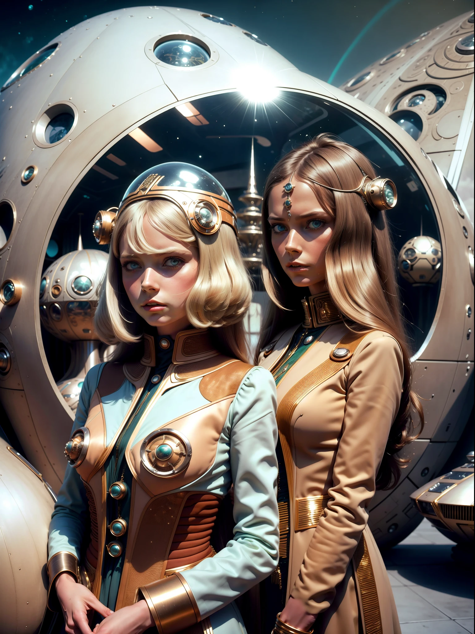 4K images from science fiction movies from the 1970s, PastelColors, People wearing retro-futuristic fashion clothes or futuristic technology ornaments and devices々, natural soft light, cinematic, Psychedelia, Retrofuturist, Photorealsitic, perfect  eyes, Perfect hands, perfect hair, Rich facial details, Hyper-detailing, Hyper realistic, Authentic skin texture, Real fabric texture, Sharp background details, Sharp rendering.