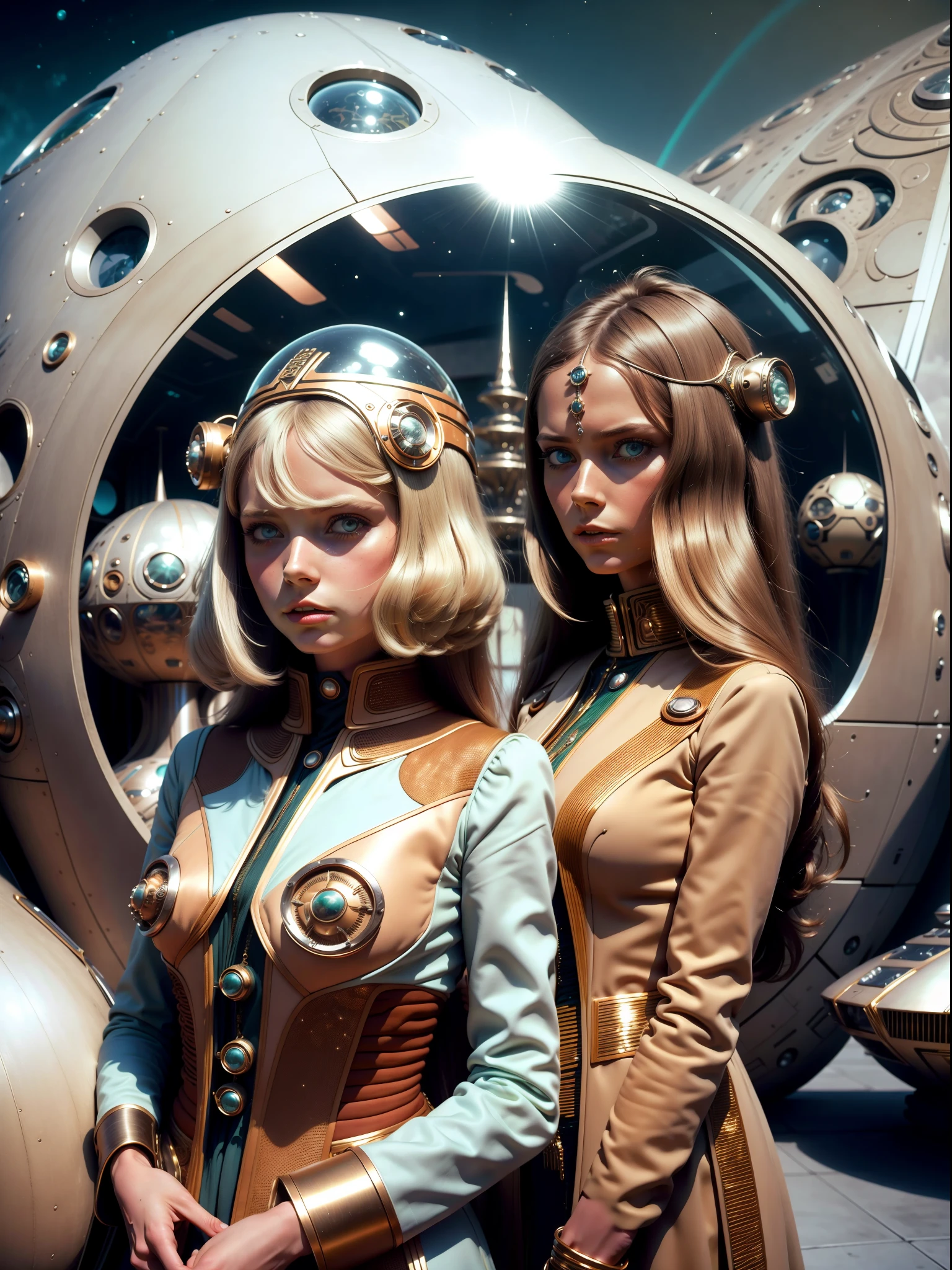 Images 4K de films de science-fiction des années 1970, CouleursPastel, Personnes portant des vêtements de mode rétro-futuristes ou des ornements et appareils technologiques futuristes々, lumière douce et naturelle, Cinématique, psychédélisme, Rétrofuturiste, Photoréaliste, yeux parfaits, des mains parfaites, Cheveux parfaits, Détails du visage riches, hyper-détaillant, hyper réaliste, Texture de peau authentique, véritable texture de tissu, Détails d&#39;arrière-plan nets, rendu net.