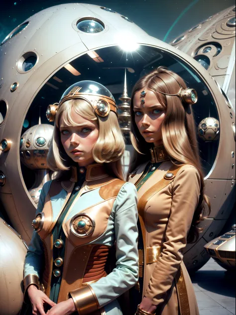 4K images from science fiction movies from the 1970s, PastelColors, People wearing retro-futuristic fashion clothes or futuristi...