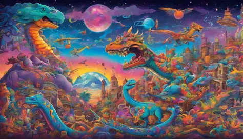 a magical dreamworld made of color and music, people riding dinosaurs, ninjas, massive airships flying around with a swirling beautiful galaxy overhead