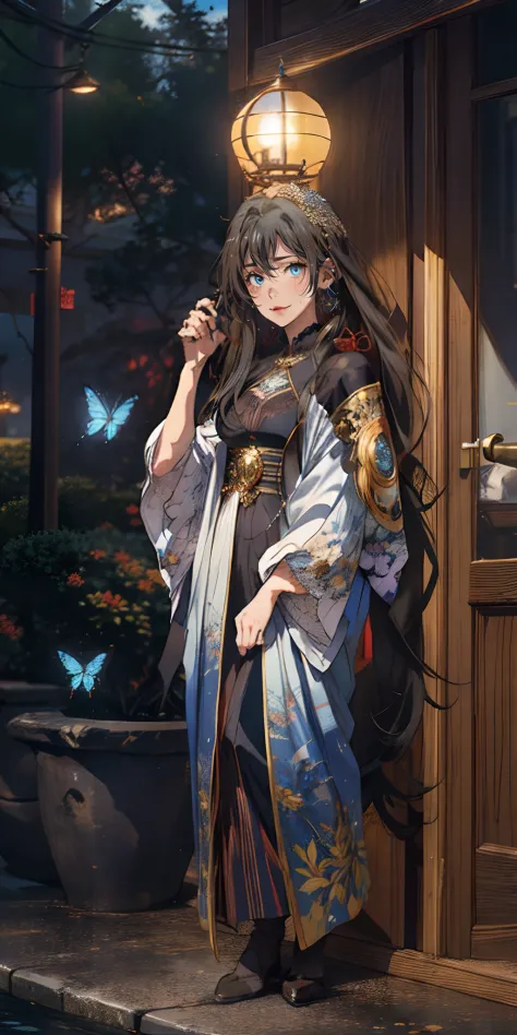 yukinoshita yukino, (long_hair, black_hair:1.6) blue eyes, epic art, fantasy art, butterfly, lantern, wide_sleeves, 1girl, blue_...