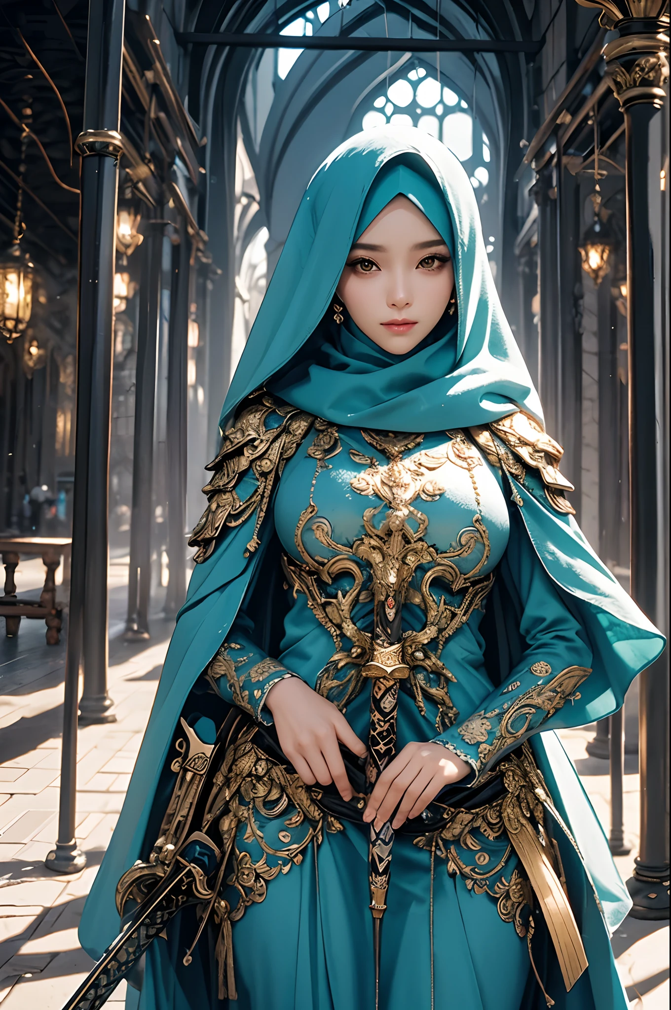 masterpiece, best quality, cinematic light, ultra high res, 8k uhd, intricate details, nature light, film grain, dreamlike, perfect anatomy, best shadow, delicate, RAW>, pleasured expression, spotless face, perfect face, perfect body, expressive eyes, a beautiful woman, amazing beauty, wearing cape hijab, holding sword in front yard of mosque, whole body covered by long dress, wearing full body battle armor, chest cover accessories, non-transparent clothing, elegant pose, kpop idol face, perfect face, perfect body, big chest,