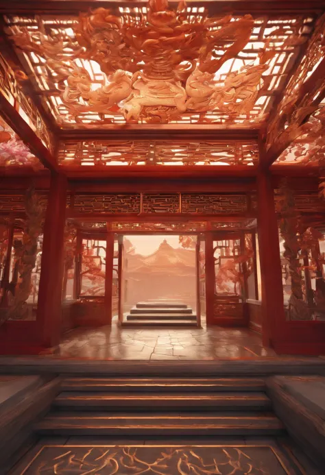Chinese palace of the Tang Dynasty, in wonderland, surrounded by cloud, Far perspective, 。.。.3D, China-style, Reddish yellow tones。8K, High detail, Chiaroscuro, Depth of field, god light, stereograms, hyper HD, hyper HD, Textured skin, High details --auto