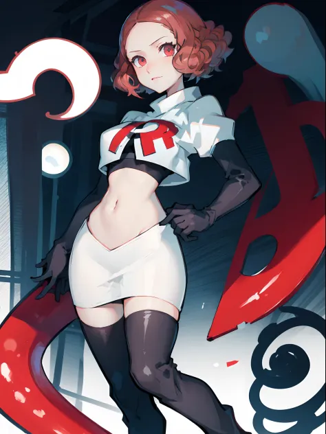 Haru Okumura (persona 5), team rocket uniform, white jacket, white skirt, pencil skirt, miniskirt, thighhigh boots, elbow gloves, hand on hip, midriff, red letter "R",