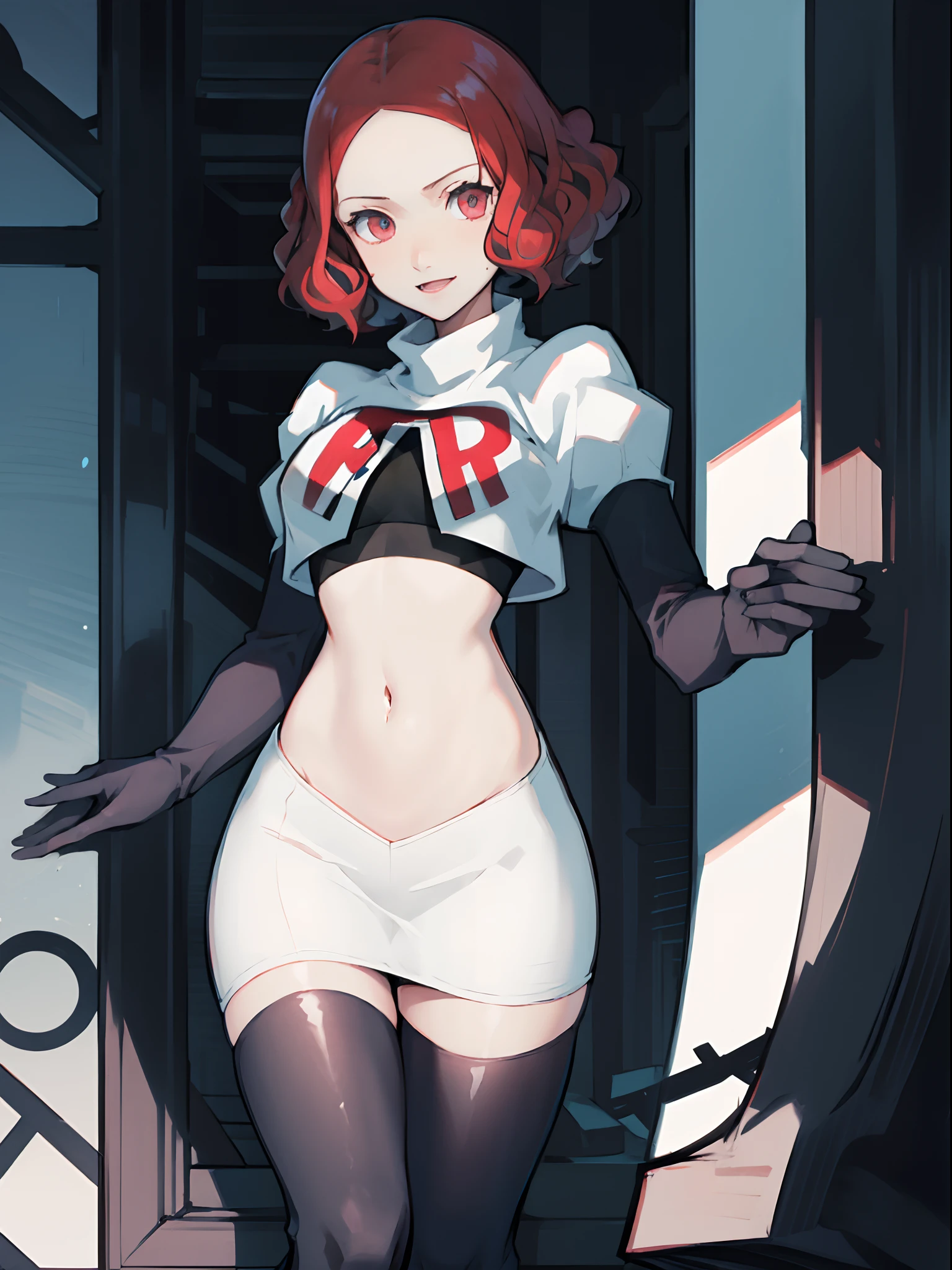 Haru Okumura (persona 5), team rocket uniform, white jacket, white skirt, pencil skirt, miniskirt, black thighhigh boots, black elbow gloves, hand on hip, midriff, red letter "R", evil smile