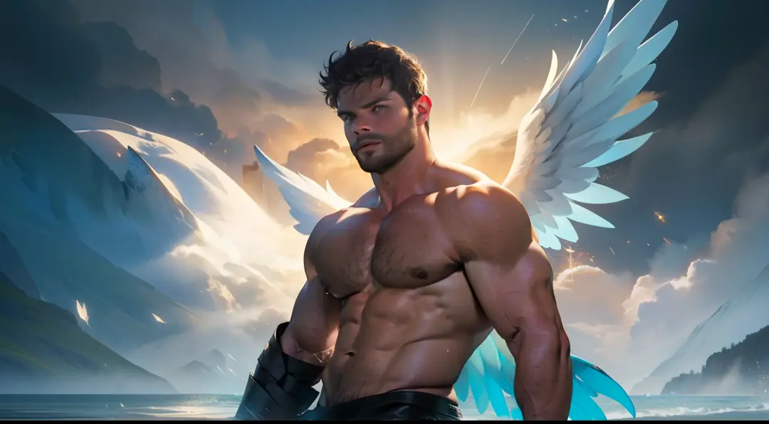 Man with large white feather wings on his back, large wings, Jamie Dornan, eyes of light, wearing a short black beard, wearing a Golden Crown, focus on the details of the face, rays coming out, serious and attractive man, shirtless, showing his chest , mag...
