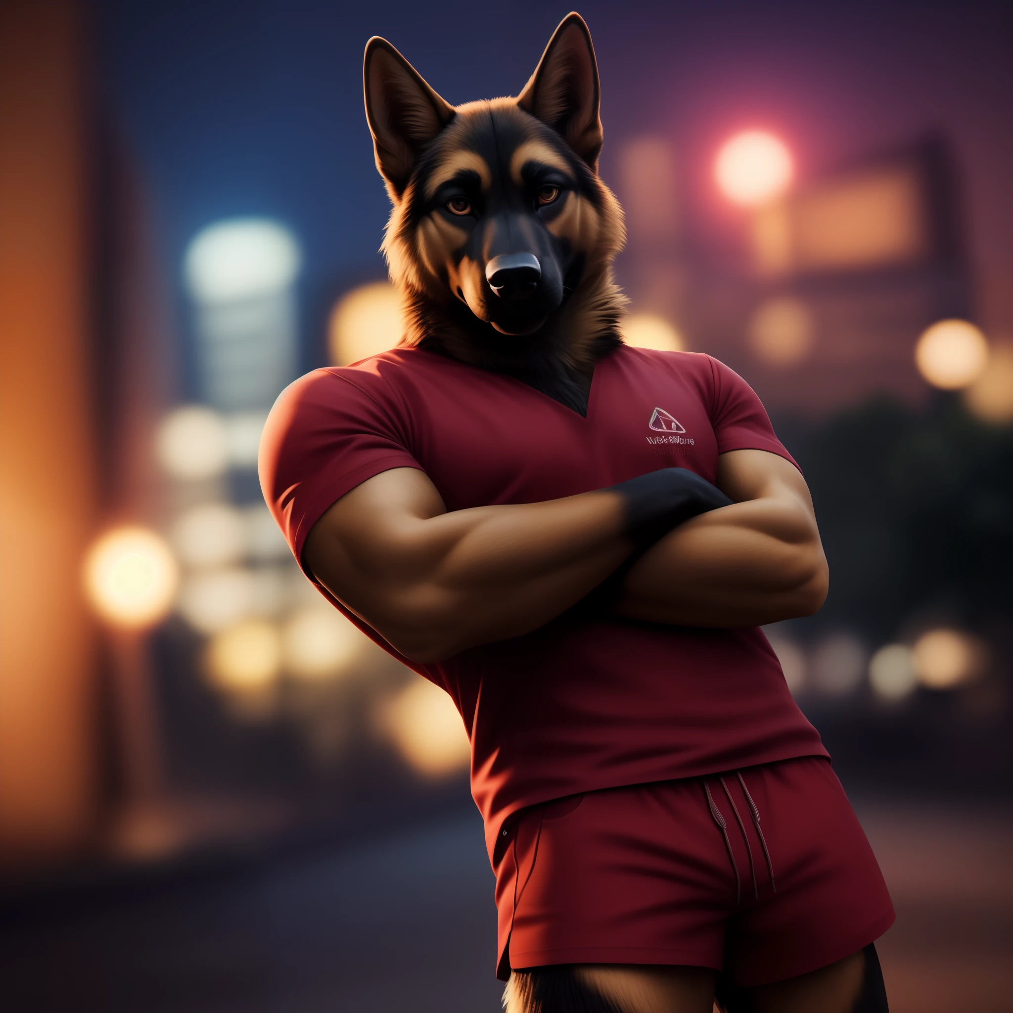 一只交叉双臂的德国牧羊犬狼，超逼真的 8k，穿着一件红色衬衫和一条红色短裤，夜晚背景，模糊的背景，30 岁，3D 纹理，年轻人，使用 Playstation 5 显卡，非常耸人听闻的姿势，看着相机