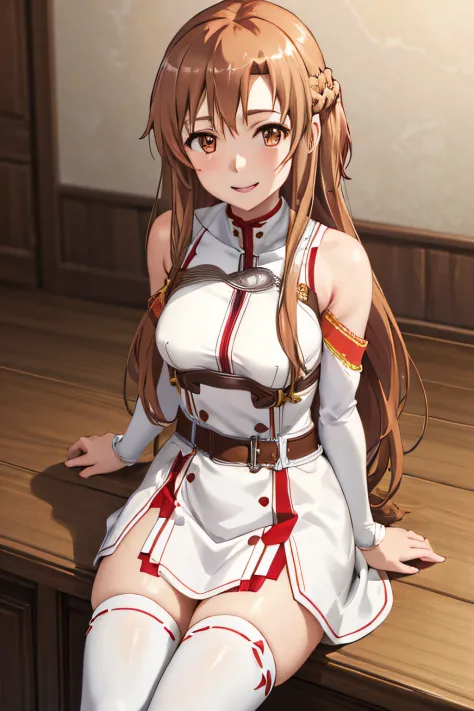 best quality, masterpiece, portrait, 1girl, yuuki asuna, brown hair, brown eyes, medium breasts, long hair, braid, kotbo, white gloves, white uniform, white boots, red skirt, red straps, looking at viewer, indoors, smile,