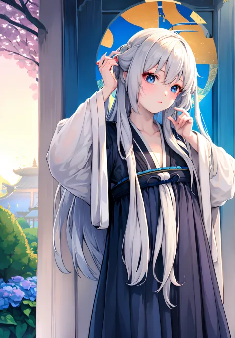 blue ru_qun,best_quality,head,original_outfit,hanfu,clear details,masterpiece, best_quality, clear details,1girl,garden background,, butterfly on finger,blue eyes,white hair,long hair,big eyes