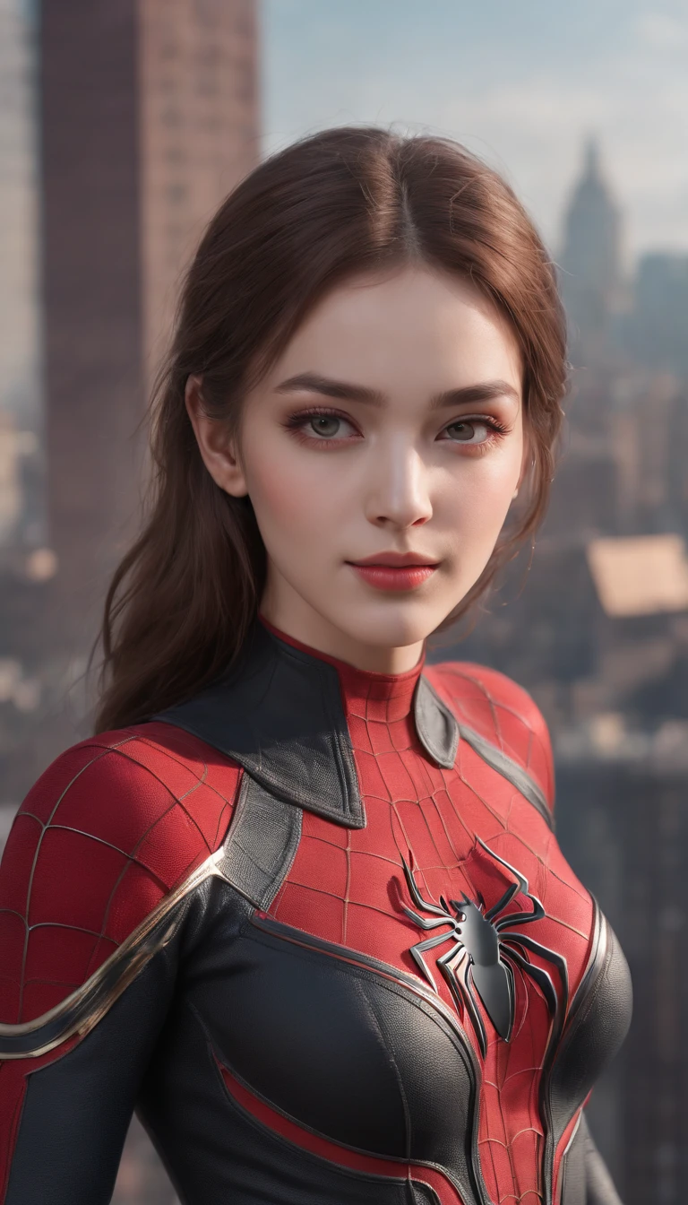 (1girl:1.3), Solo, (((Very detailed face)))), ((Very detailed eyes and face)))), Beautiful detail eyes, Body parts__, Official art, Unified 8k wallpaper, Super detailed, beautiful and beautiful, beautiful, masterpiece, best quality, original, masterpiece, super fine photo, best quality, super high resolution, realistic realism, sunlight, full body portrait, amazing beauty, dynamic pose, delicate face, vibrant eyes, (from the front), She wears Spider-Man suit, red and black color scheme, spider, very detailed city roof background, rooftop, overlooking the city, detailed face, detailed complex busy background, messy, gorgeous, milky white, highly detailed skin, realistic skin details, visible pores, clear focus, volumetric fog, 8k uhd, DSLR, high quality, film grain, fair skin, photo realism, lomography, futuristic dystopian megalopolis, translucent