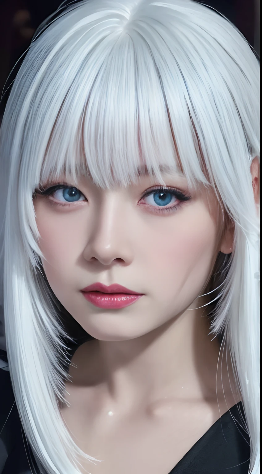 ((white hair 2.0))Super close up portrait of beautiful woman face with white hair