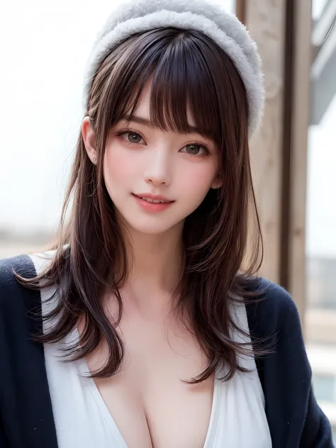 (masutepiece, top-quality、Very attractive adult beauty、Add intense highlights to the eyes、Look firmly at the camera、lipgloss),1girl in, 独奏, Light brown shiny hair, scarf, White hat in winter attire, realisitic, looking at the viewers, brown eyes of light c...