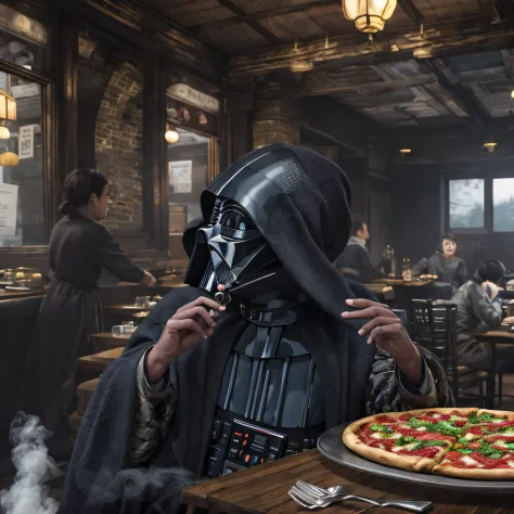hori_Vader eating pizza at a restaurant ,joyfully、Purple smoke、cinematic cgsociety,，combat scene、Chinese big breasts、Quaint、thre...