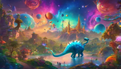 (best quality,4k,8k,highres,masterpiece:1.2),ultra-detailed,(realistic,photorealistic,photo-realistic:1.37),dreamworld,colorful music,riding dinosaurs,performing ninjas,airships in sky with beautiful galaxy,ninjas jumping and flying,ancient city with tower...