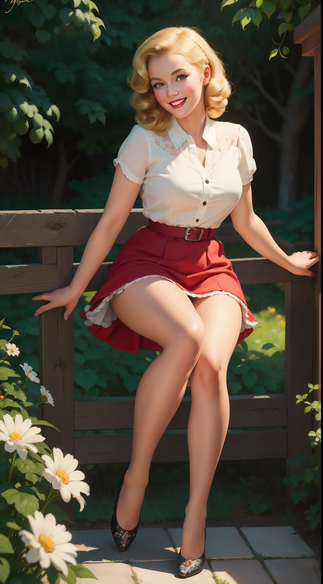 (masterpiece:1.4), (best quality:1.4), retro vintage pin-up style, extremely detailed, intricate, hyper-detailed, illustration, soft lighting, 20 years old girl, Blonde hair, doted skirt, bend_over, grin, (perfect_face), sitting on fence, out door, garden, intricate, dramatic lighting, 4k, detailed_background, caustics, full_body, digital_illustration