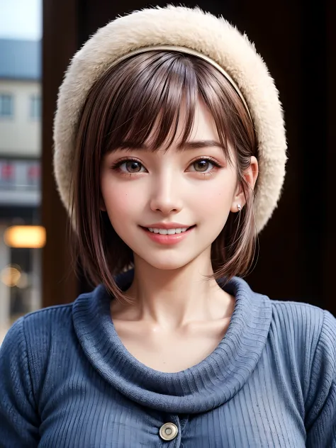 (masutepiece, top-quality、Very attractive adult beauty、Add intense highlights to the eyes、Look firmly at the camera、lipgloss),1girl in, 独奏, short hair with a light brown sheen,,, scarf, White hat in winter attire, realisitic, looking at the viewers, brown ...