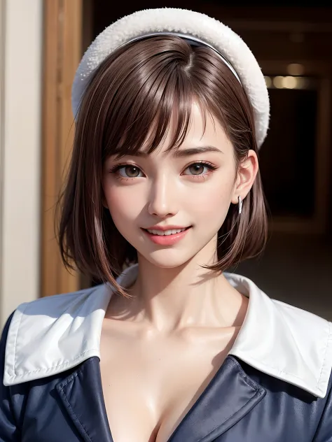(masutepiece, top-quality、Very attractive adult beauty、Add intense highlights to the eyes、Look firmly at the camera、lipgloss),1girl in, 独奏, short hair with a light brown sheen,,,, scarf, White hat in winter attire, realisitic, looking at the viewers, brown...