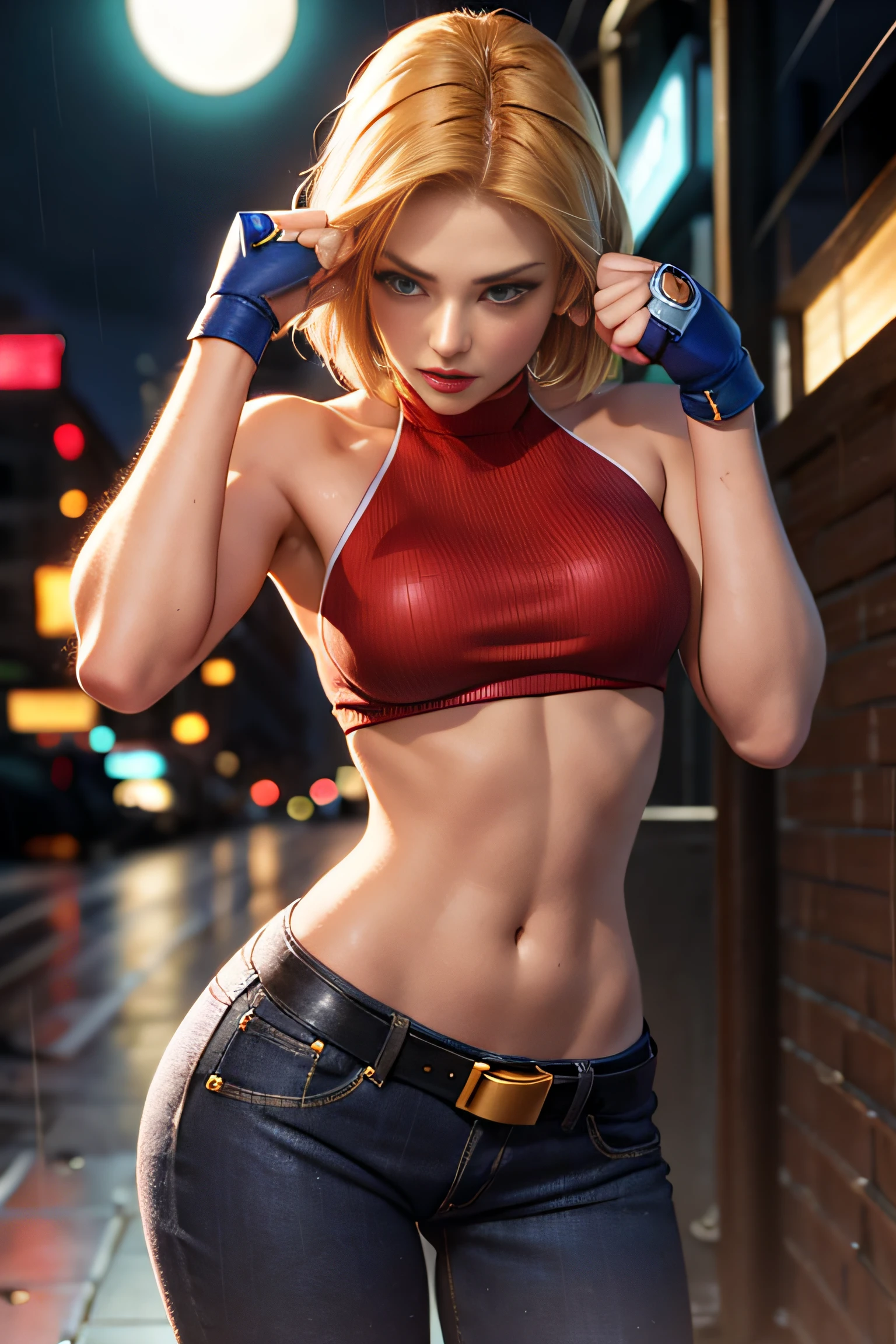 maryms,Best Quality,(beauty),masterpiece,  1girl,phisically-based render ,ultra highres,narrow waist, skinny,big eyes,long legs,(small breasts),puffy eyes, night,(rainy city), shiny skin, facing viewer, fighting stance, (make a fist),firm expression,