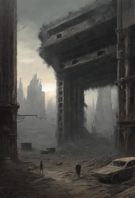 Create dystopian masterpieces，Depict the destroyed futuristic cityscape in a gritty game concept art style. The artwork should evoke a sense of futuristic desolation and despair, post apocalyptic world. Keep an eye on the intricacies of detail, Sharp focus...
