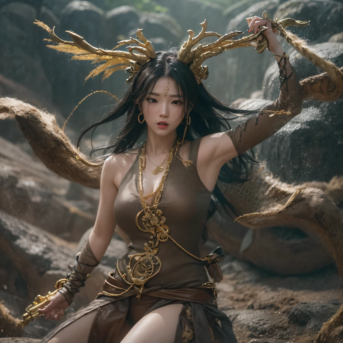 cinematic cgsociety,，Tropical canyon battle scene、Chinese big breasts、Quaint、three kingdom、ember、100 people、Faraway view、intense battles、high detal、masuter piece、NSFW，Multi-layered long-sleeved gauze garment，Quick-drying vest，Linen sweater，Python cloak，Golden antlers, silver cape, burgundy body hair，Water vapor female spy，Shower room buttock green fruit milk jelly flat chest，Loose silk fish net knee brace space dance，Wear reflective sunglasses with thick gold wire，Wear boxing gloves，extremely happy，Zhou Dongyu（Tropical canyon battle scene）（（Scenes））