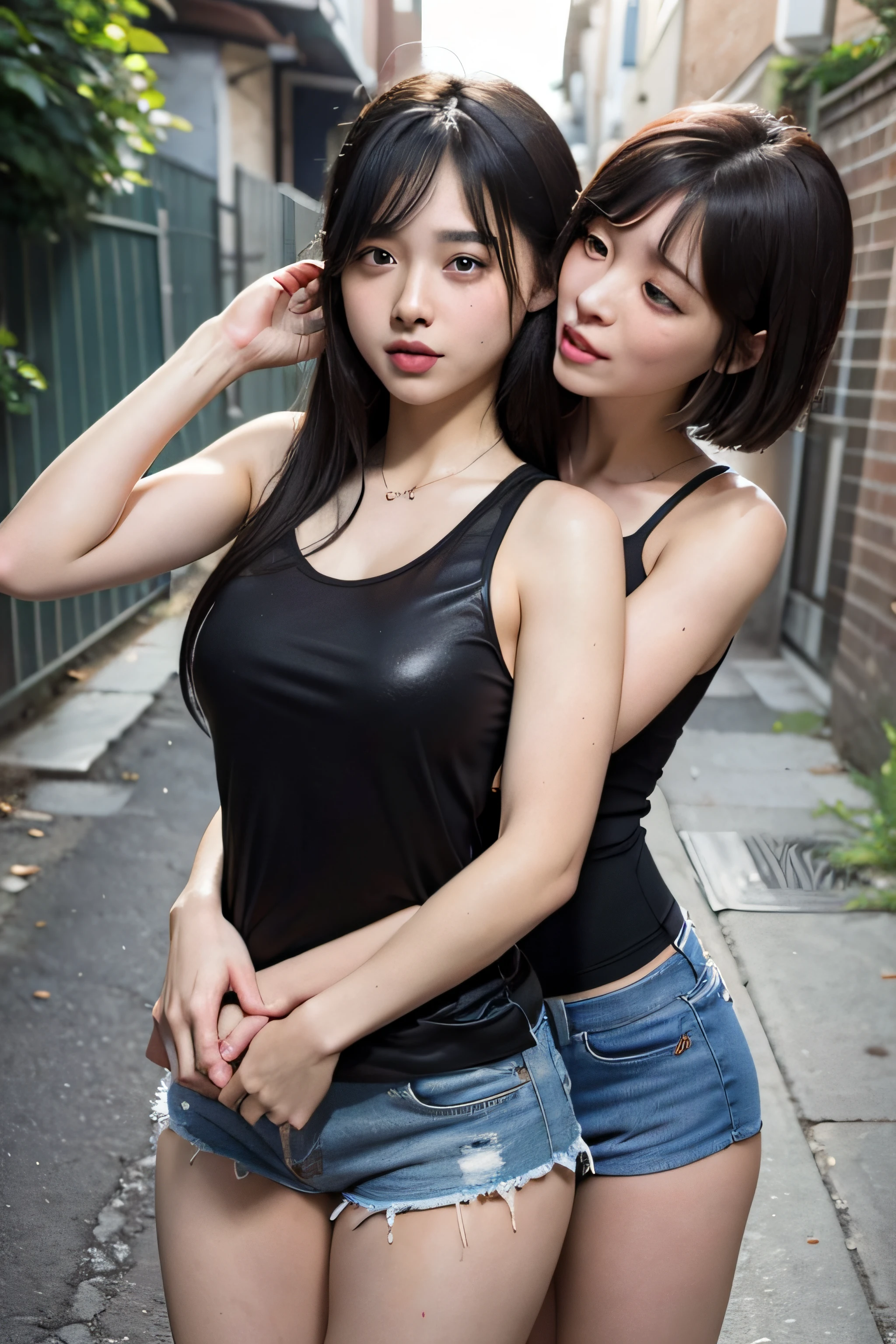 Two asian women in black tops and denim shorts posing for a picture -  SeaArt AI