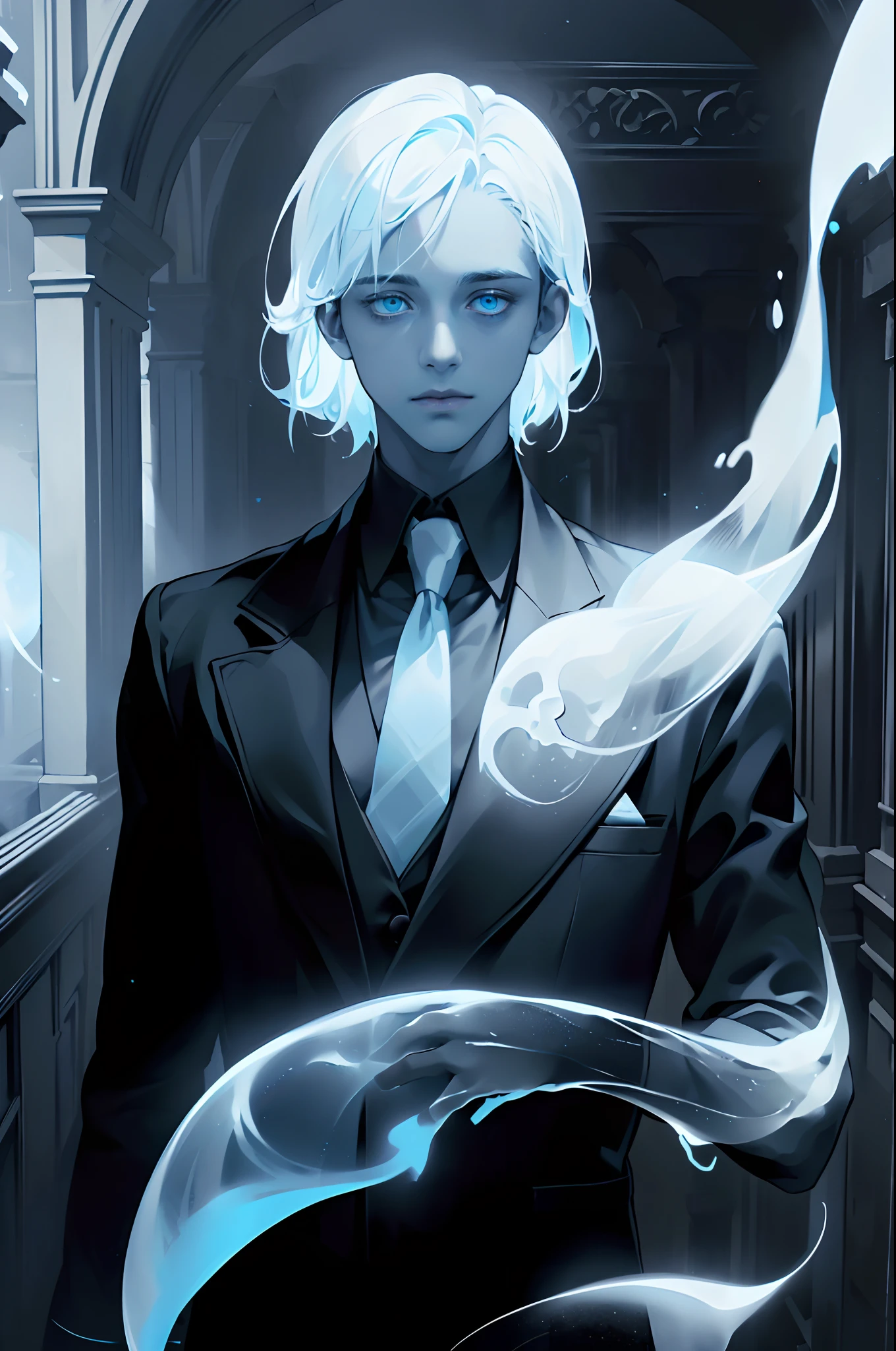 (1 boy, Young male), (An ethereal glowing ghost boy:1.5, Translucent body:1.2), (eyes looking to camera, Sadness Face, black over coat, black suit,necktie), (Body floating in the air:1.2), (Night corridor, dark room), Blue skin, Portrait