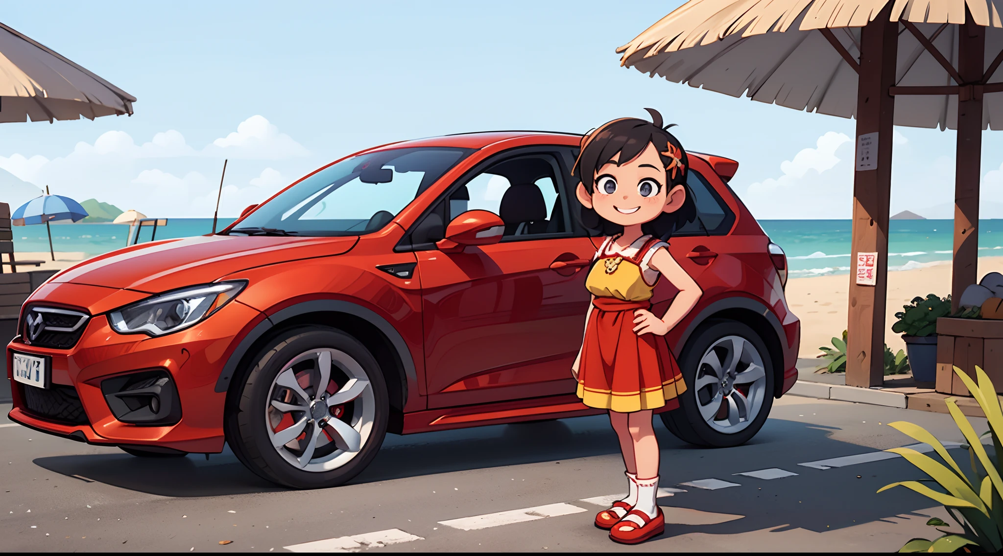 Octane Render、(Hyper-detailing: 1.15)、(Soft light、sharp: 1.2)、morning、 posing in front of red EV in parking lot near beach, Traditional costumes、Distinctive ethnic hair ornaments、Characteristic ethnic shoes、 Fuji Film, F/4.0, masutepiece, Anatomically correct、A smile, radiant light