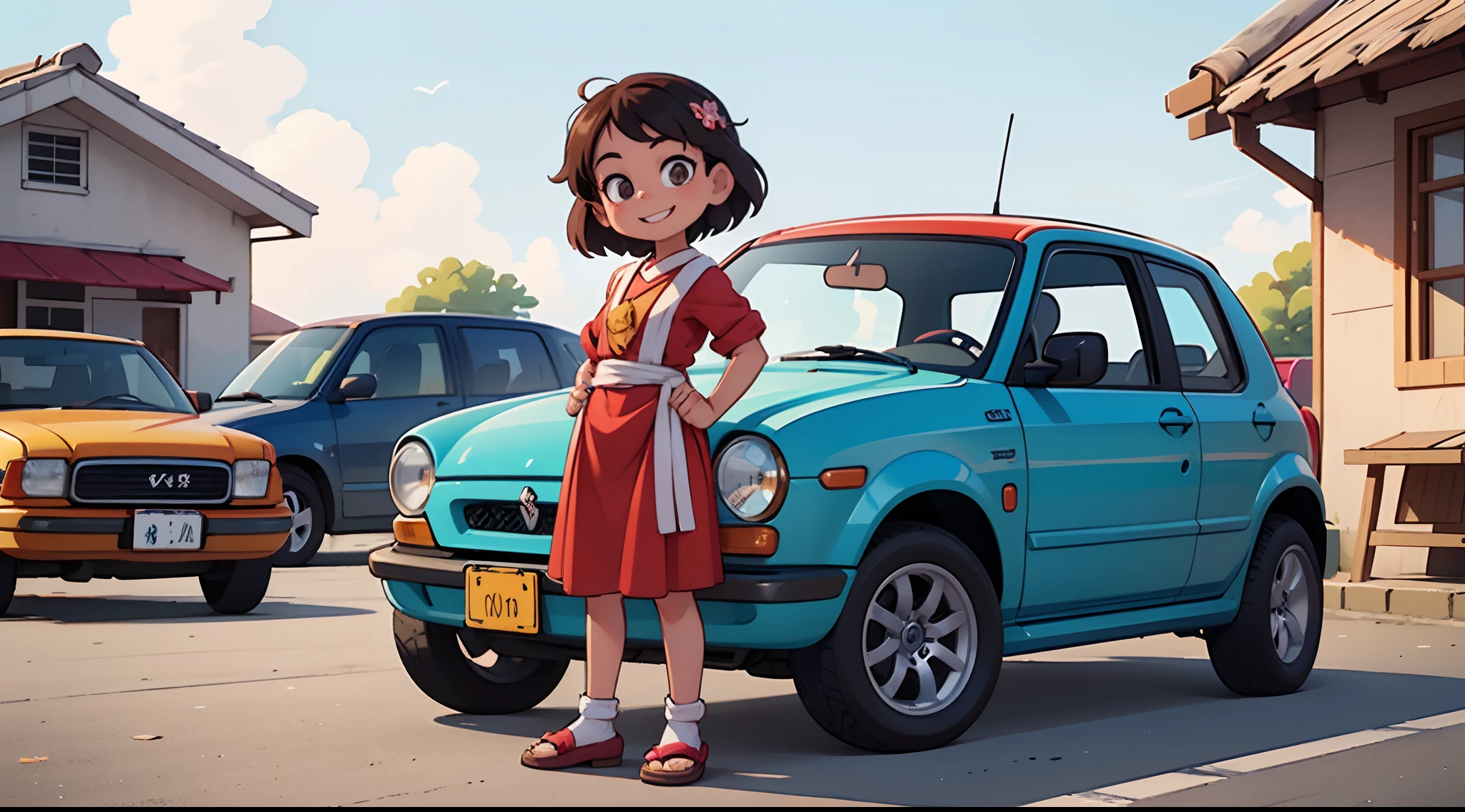 Octane Render、(Hyper-detailing: 1.15)、(Soft light、sharp: 1.2)、morning、 posing in front of colorful EV in parking lot near beach, Traditional costumes、Distinctive ethnic hair ornaments、Characteristic ethnic shoes、 Fuji Film, F/4.0, masutepiece, Anatomically correct、A smile, radiant light