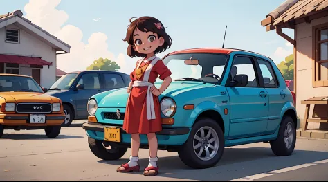 Octane Render、(Hyper-detailing: 1.15)、(Soft light、sharp: 1.2)、morning、Little girl posing in front of colorful EV in parking lot ...